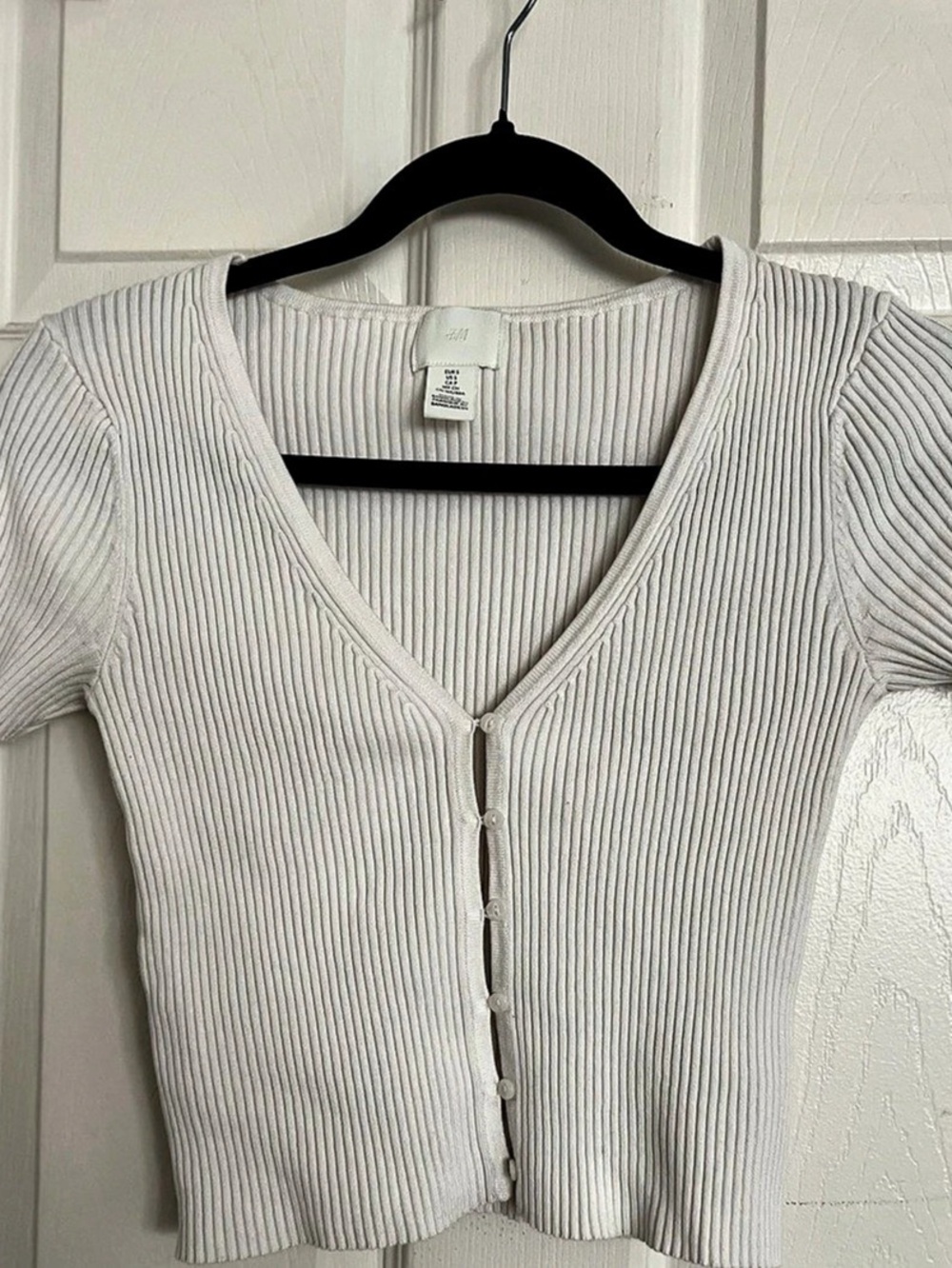 H&M Ribbed Short-Sleeved Cardigan Top White XS